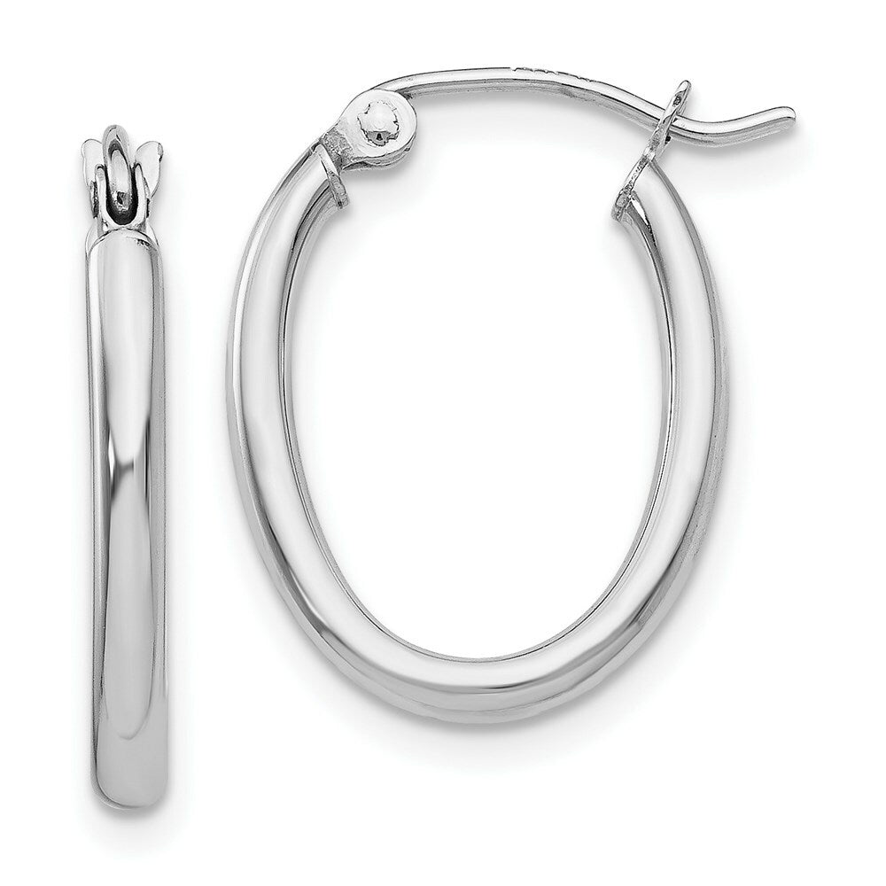 14K White Gold Polished 2mm Oval Tube Hoop Earrings  10mm length