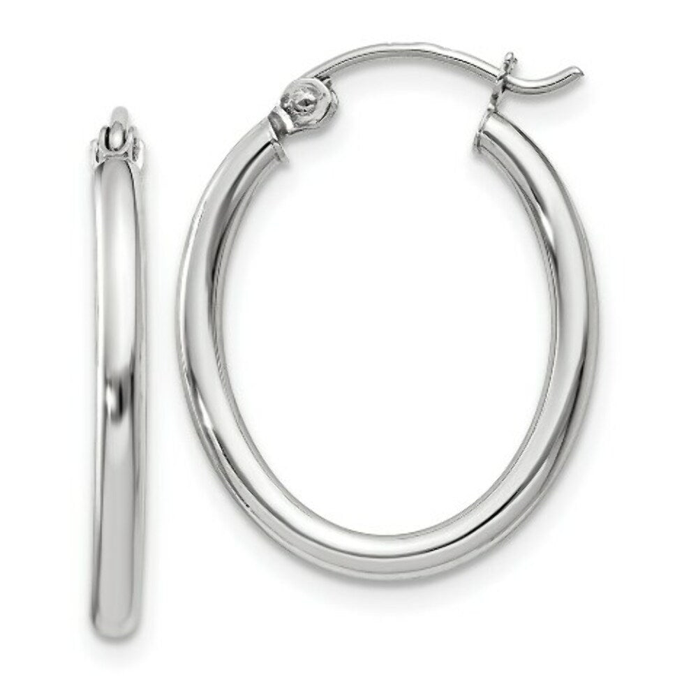14K White Gold Polished 2mm Oval Tube Hoop Earrings  14mm length