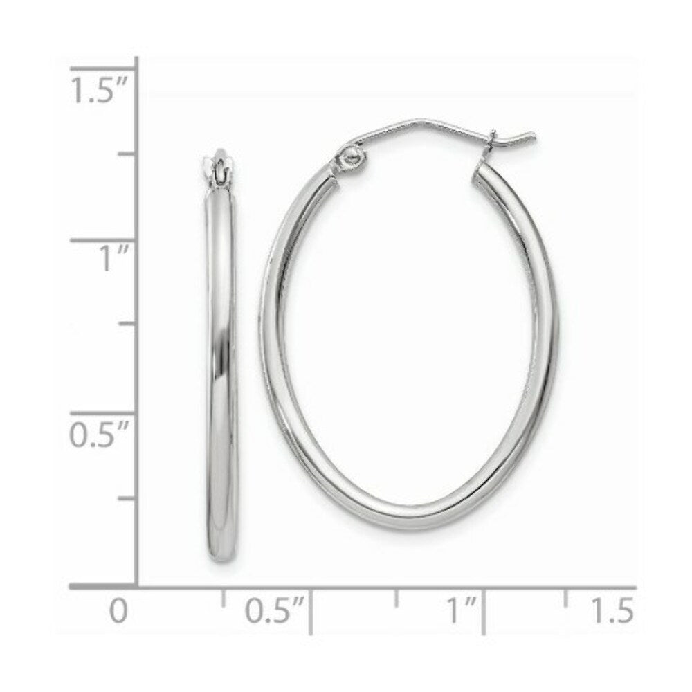 14K White Gold Polished 2mm Oval Tube Hoop Earrings  18mm length