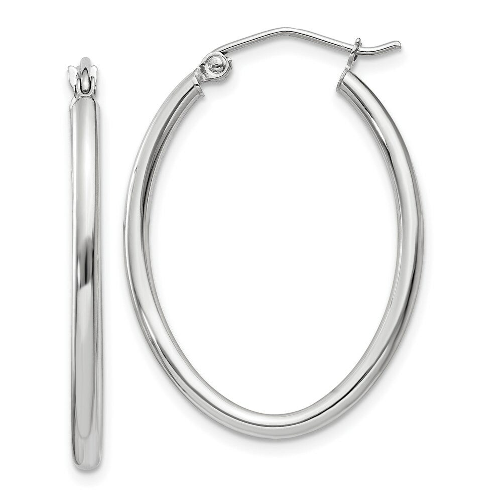 14K White Gold Polished 2mm Oval Tube Hoop Earrings  18mm length
