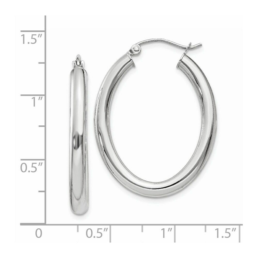 14K White Gold Polished 3.5mm Oval Tube Hoop Earrings  18mm length