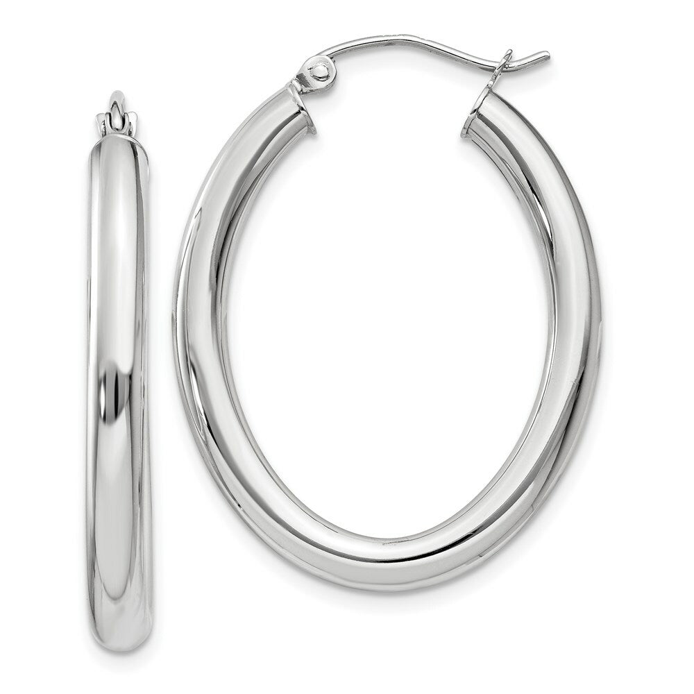 14K White Gold Polished 3.5mm Oval Tube Hoop Earrings  18mm length