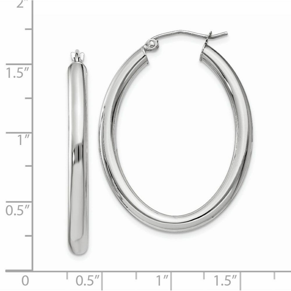 14K White Gold Polished 3.5mm Oval Tube Hoop Earrings  22mm length
