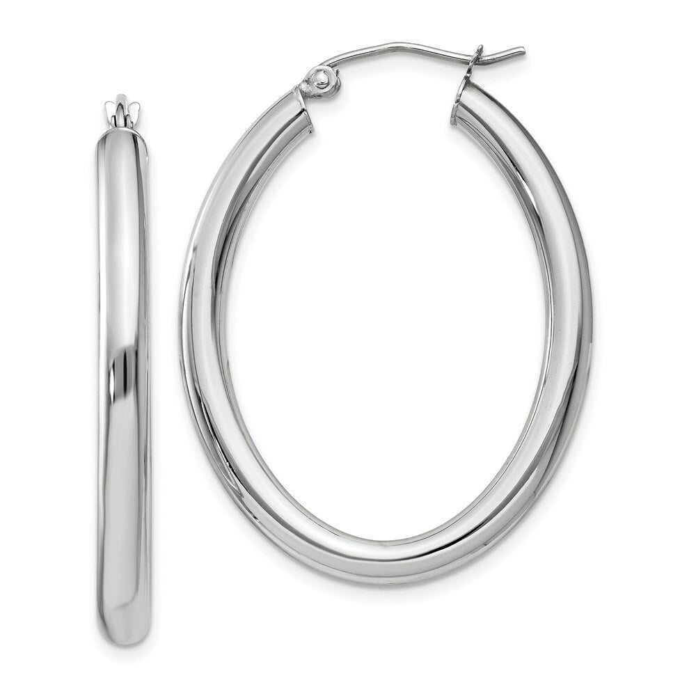 14K White Gold Polished 3.5mm Oval Tube Hoop Earrings  22mm length