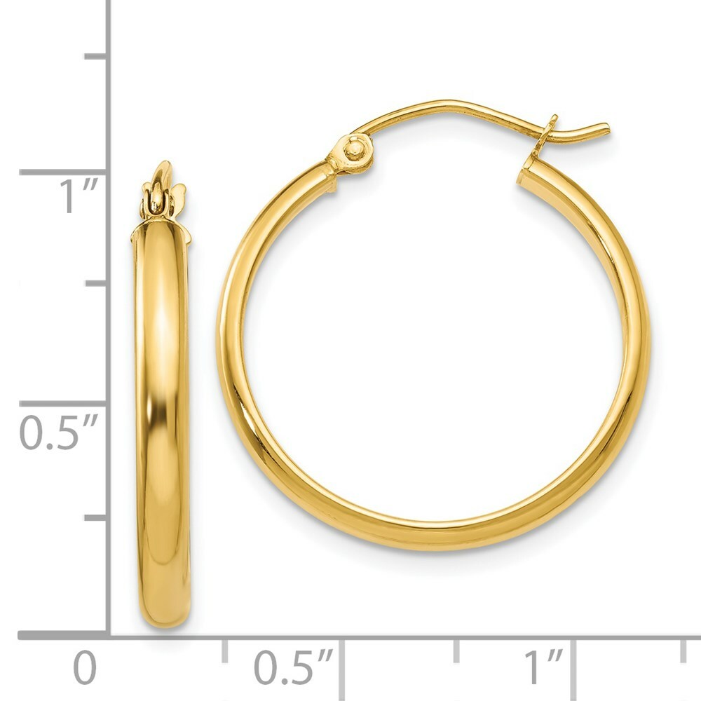 14K Yellow Gold Round Tube Hoop Earrings 19mm length