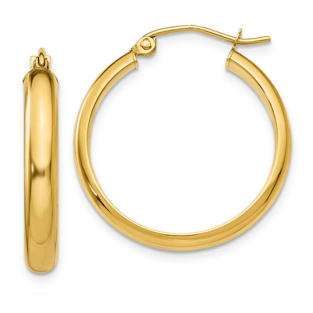14K Yellow Gold Round Tube Hoop Earrings 21mm length