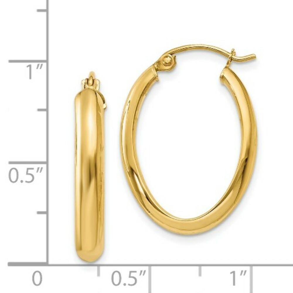 14K Yellow Gold Polished 3.5mm Oval Hoop Earrings  16mm length