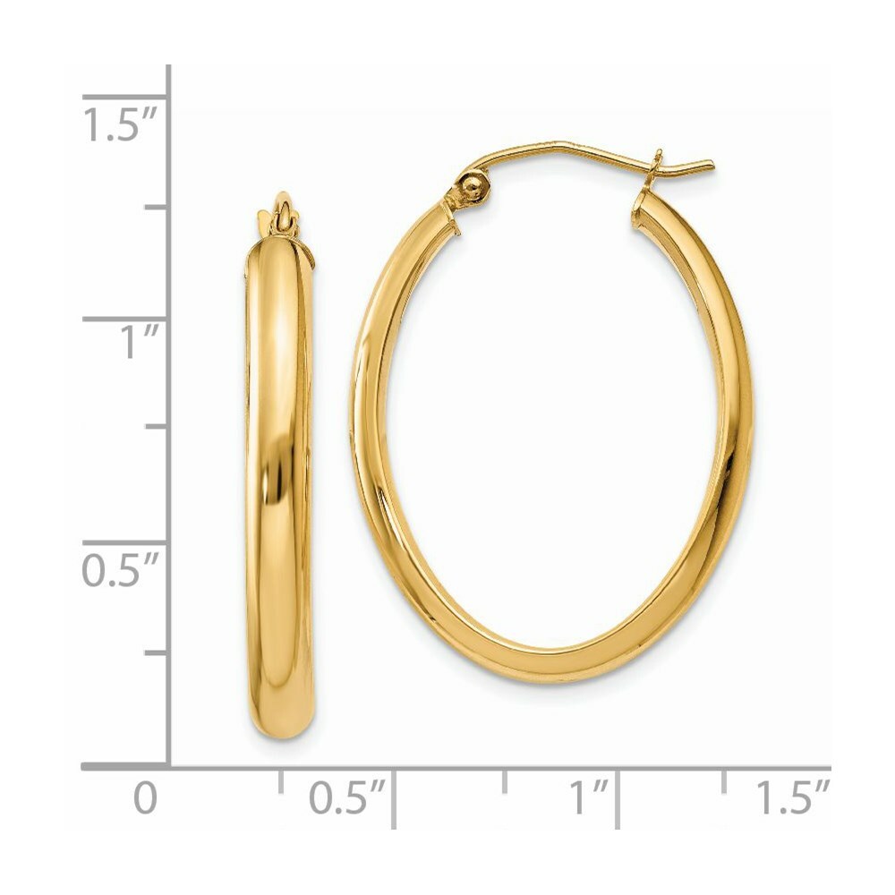 14K Yellow Gold Polished 3.5mm Oval Hoop Earrings  20mm length