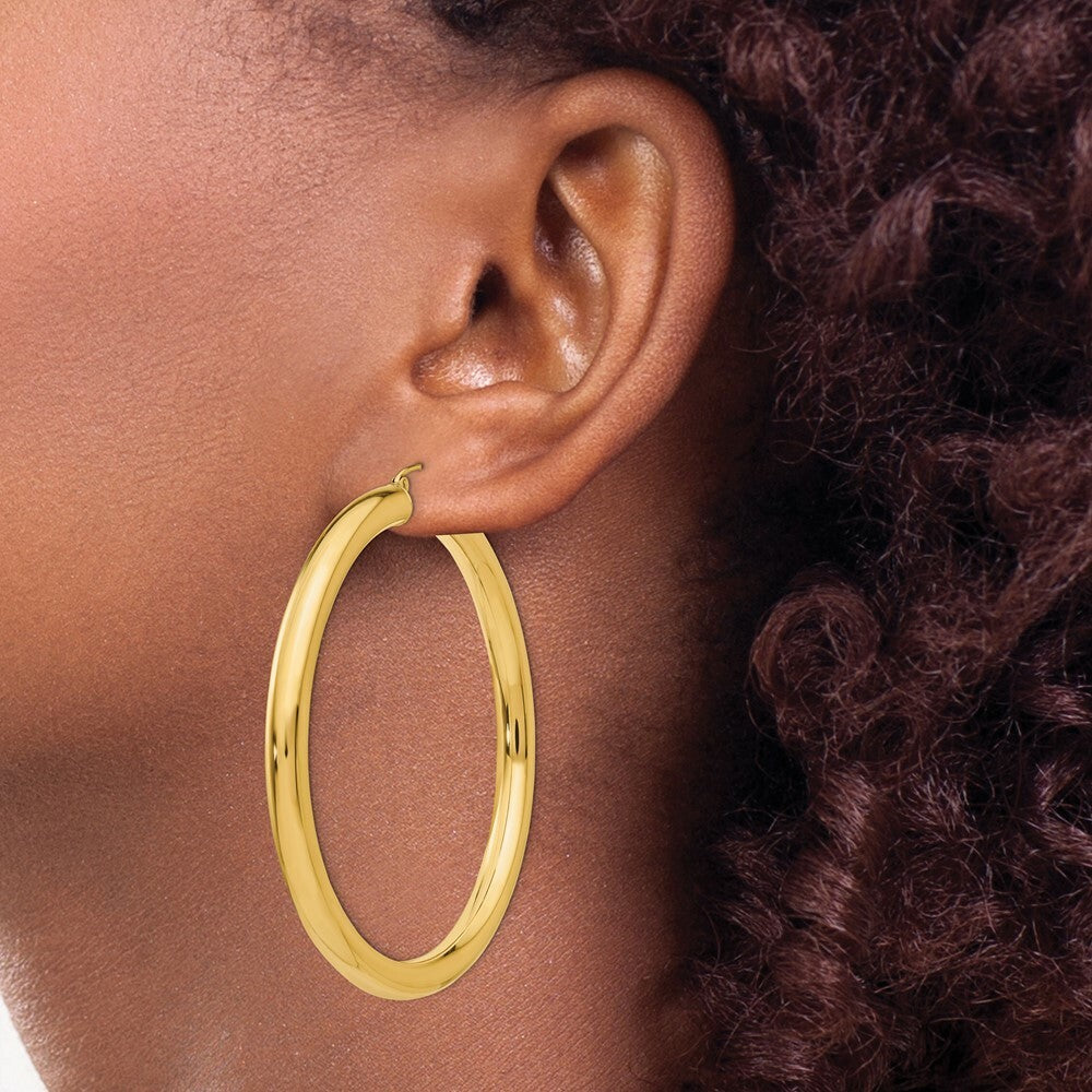 14K Yellow Gold Polished 5mm Tube Hoop Earrings 60mm length