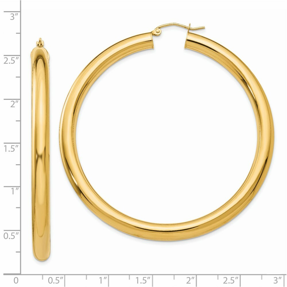 14K Yellow Gold Polished 5mm Tube Hoop Earrings 60mm length