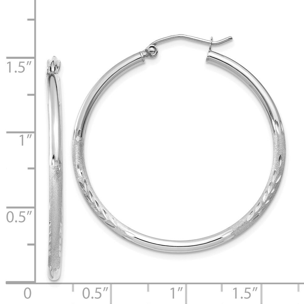 14K White Gold Satin & Diamond-cut 2mm Round Hoop Earrings 35mm length