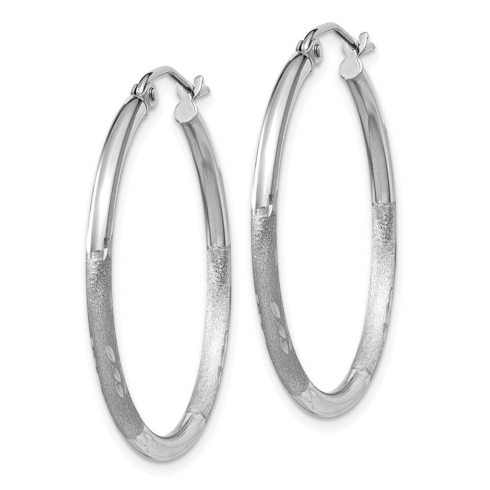 14K White Gold Satin & Diamond-cut 2mm Round Hoop Earrings 30mm length