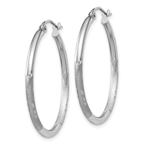 14K White Gold Satin & Diamond-cut 2mm Round Hoop Earrings 30mm length