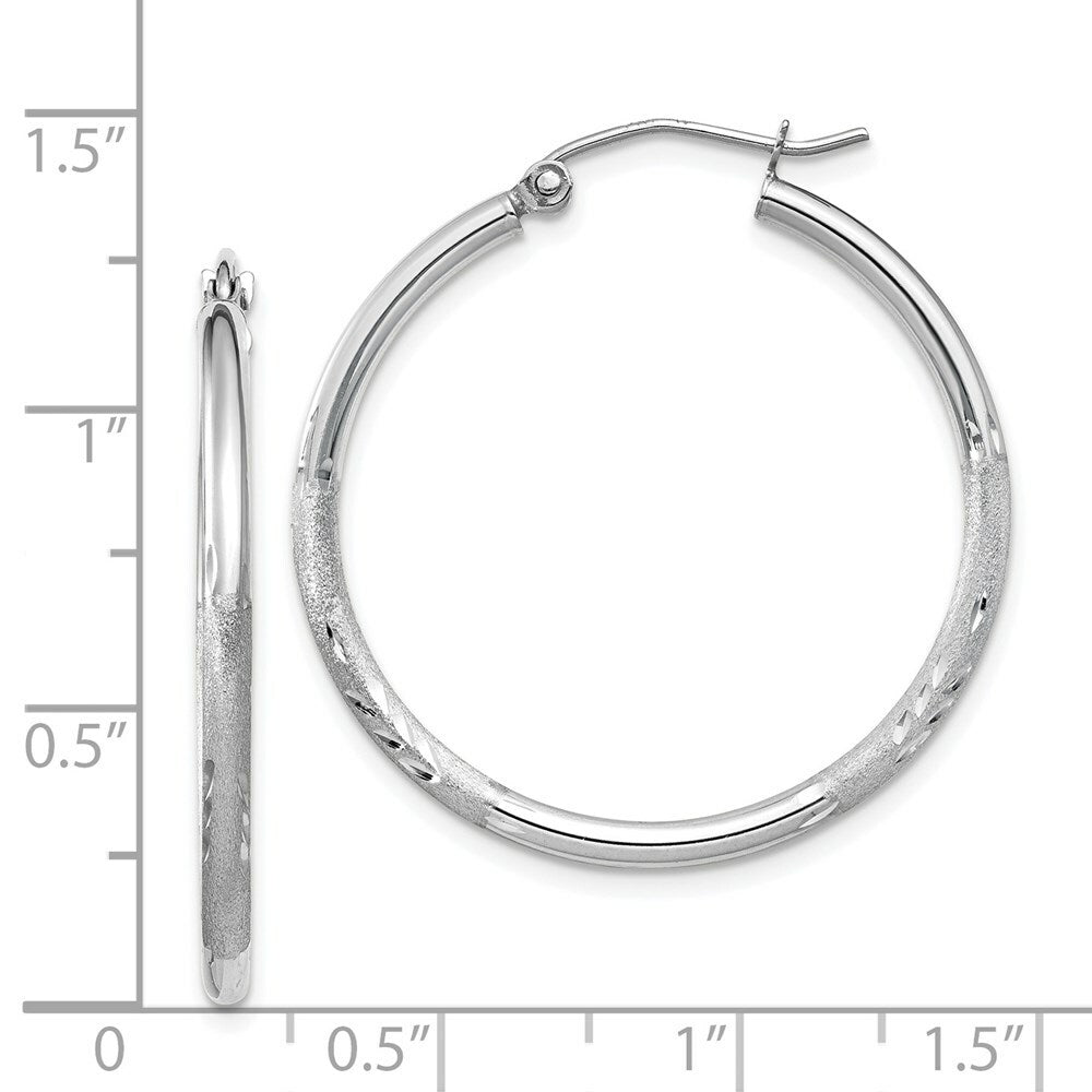 14K White Gold Satin & Diamond-cut 2mm Round Hoop Earrings 30mm length