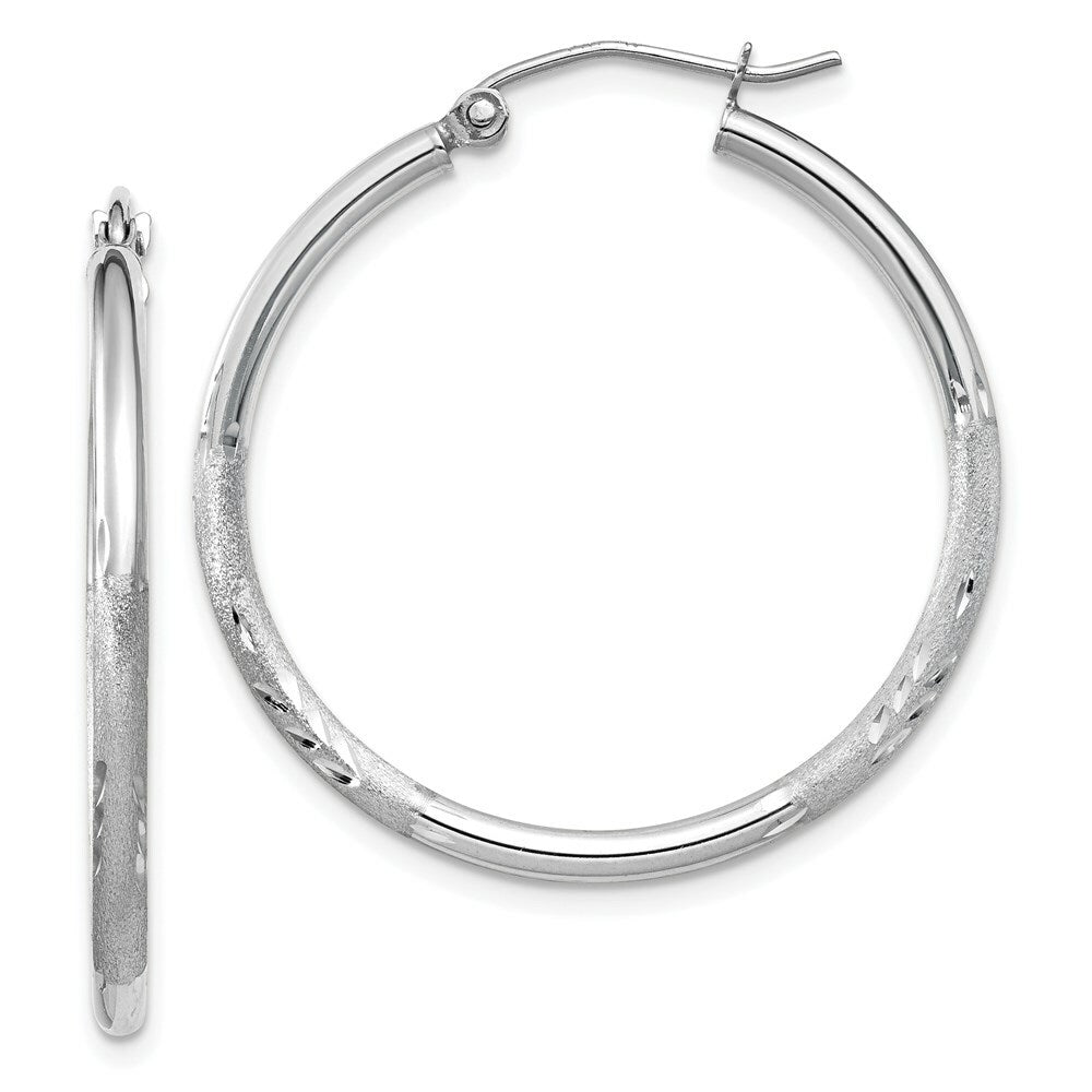 14K White Gold Satin & Diamond-cut 2mm Round Hoop Earrings 30mm length