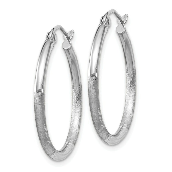 14K White Gold Satin & Diamond-cut 2mm Round Hoop Earrings 25mm length