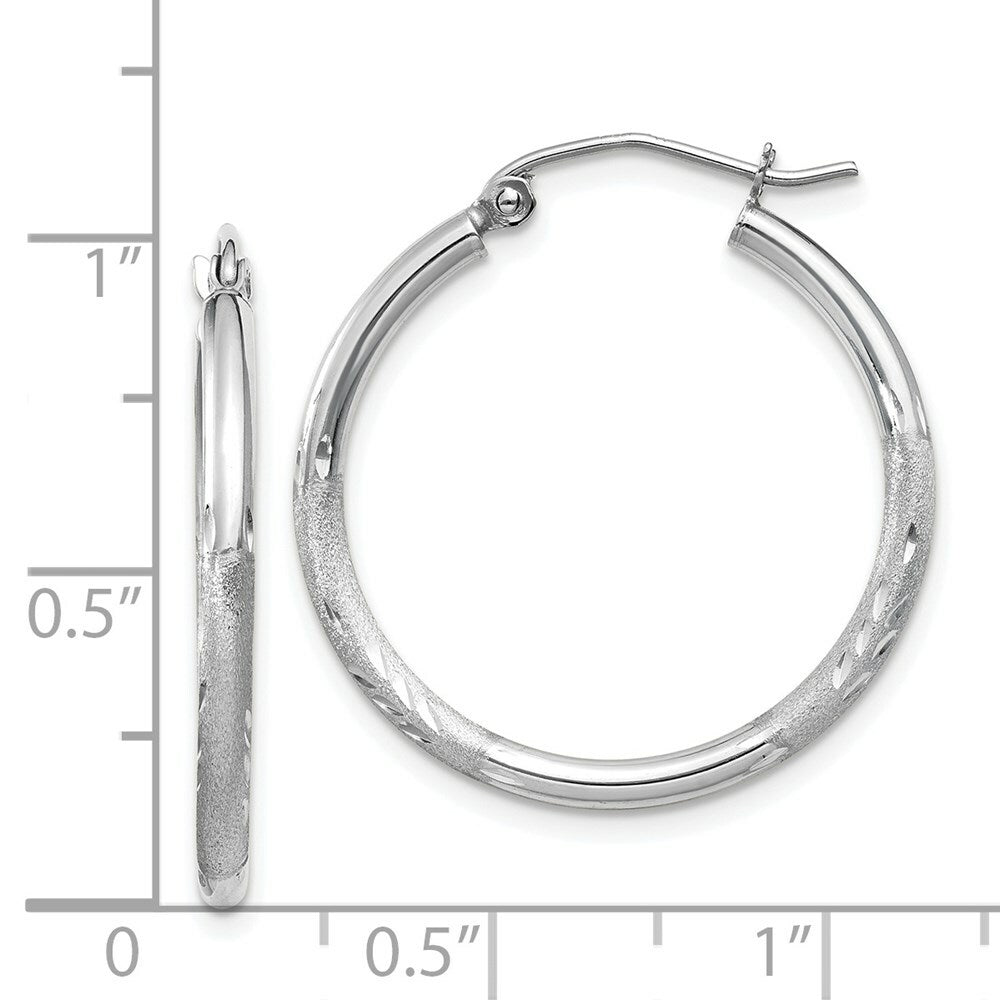 14K White Gold Satin & Diamond-cut 2mm Round Hoop Earrings 25mm length