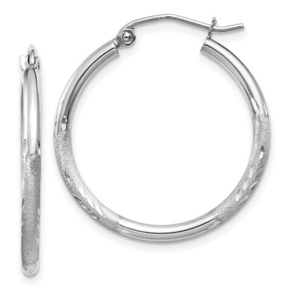 14K White Gold Satin & Diamond-cut 2mm Round Hoop Earrings 25mm length