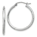 Load image into Gallery viewer, 14K White Gold Satin &amp; Diamond-cut 2mm Round Hoop Earrings 25mm length
