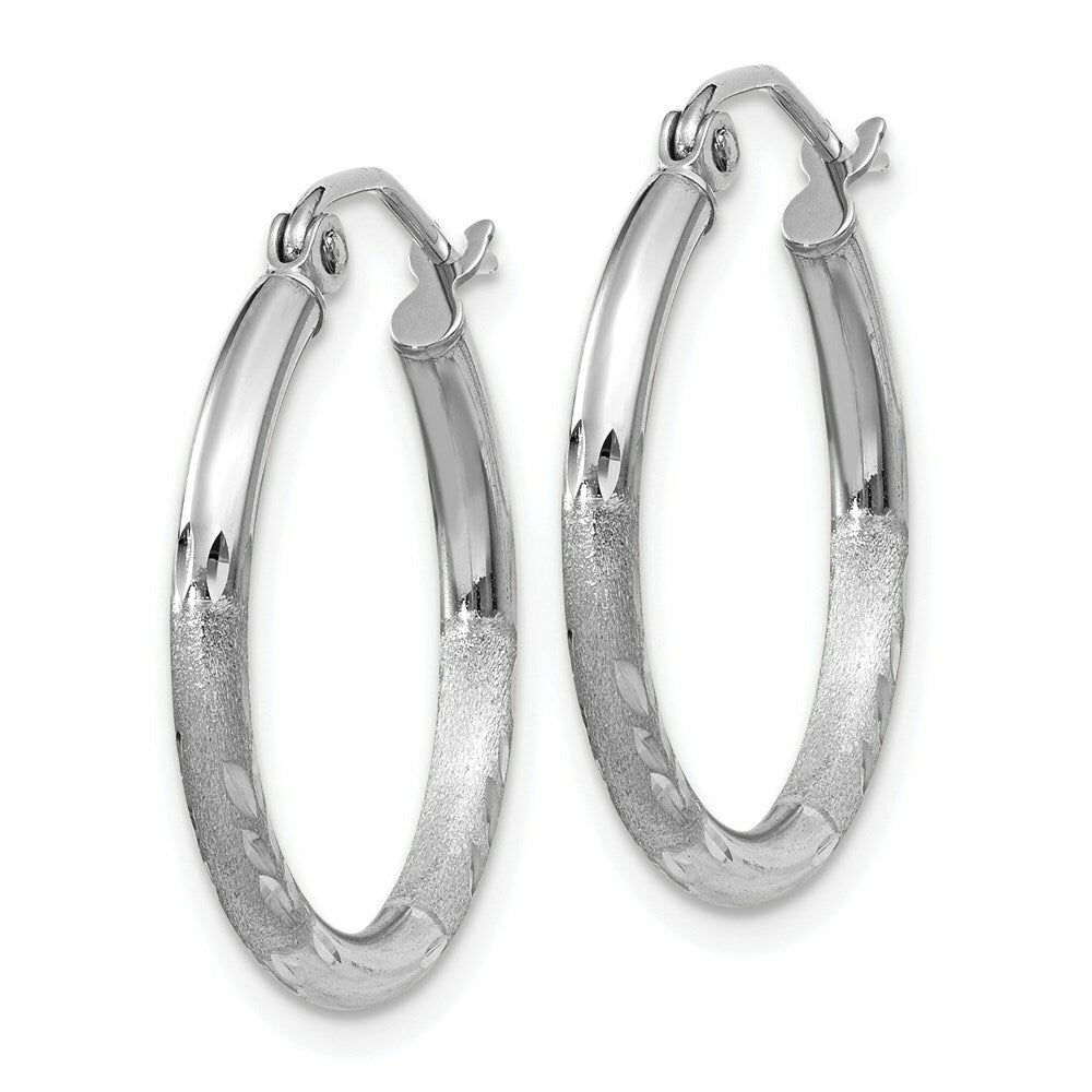 14K White Gold Satin & Diamond-cut 2mm Round Hoop Earrings 20mm length