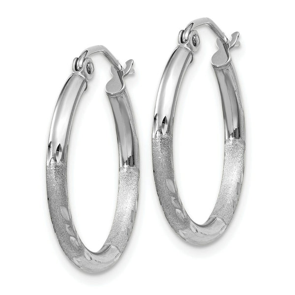 14K White Gold Satin & Diamond-cut 2mm Round Hoop Earrings 20mm length