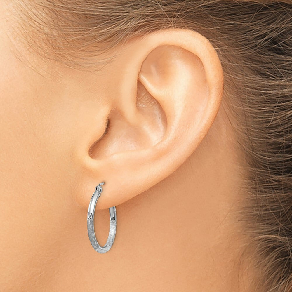 14K White Gold Satin & Diamond-cut 2mm Round Hoop Earrings 20mm length