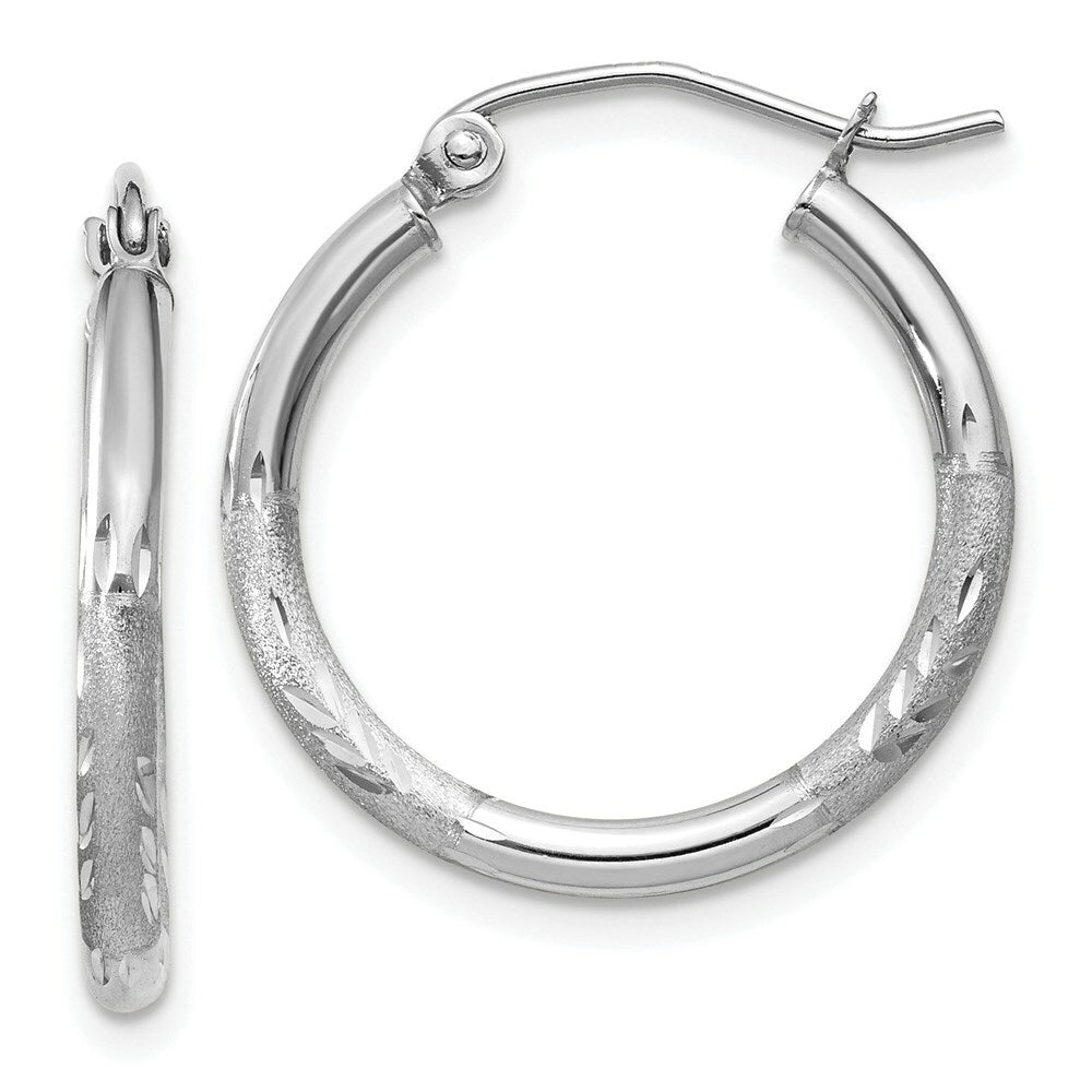 14K White Gold Satin & Diamond-cut 2mm Round Hoop Earrings 20mm length