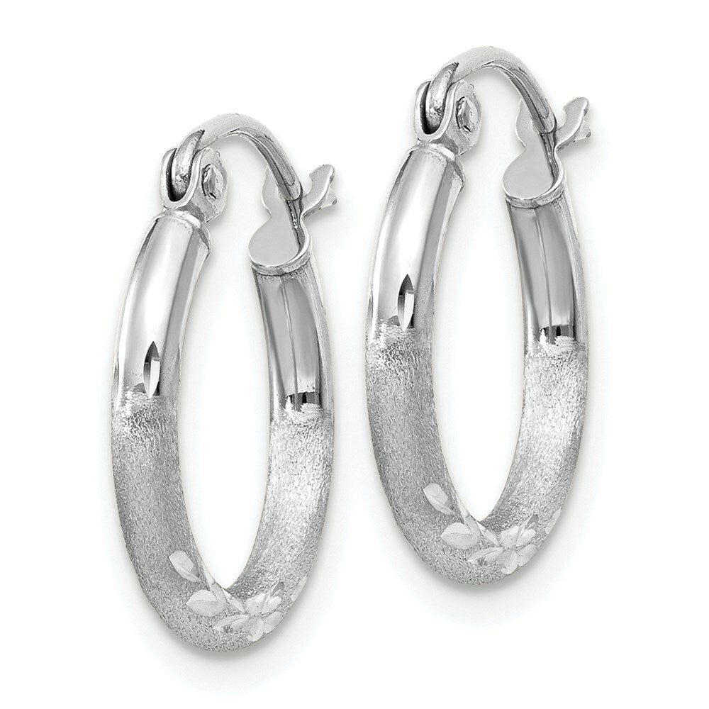 14K White Gold Satin & Diamond-cut 2mm Round Hoop Earrings 15mm length