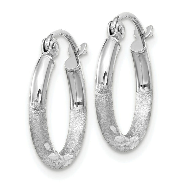 14K White Gold Satin & Diamond-cut 2mm Round Hoop Earrings 15mm length