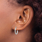 Load image into Gallery viewer, 14K White Gold Satin &amp; Diamond-cut 2mm Round Hoop Earrings 15mm length
