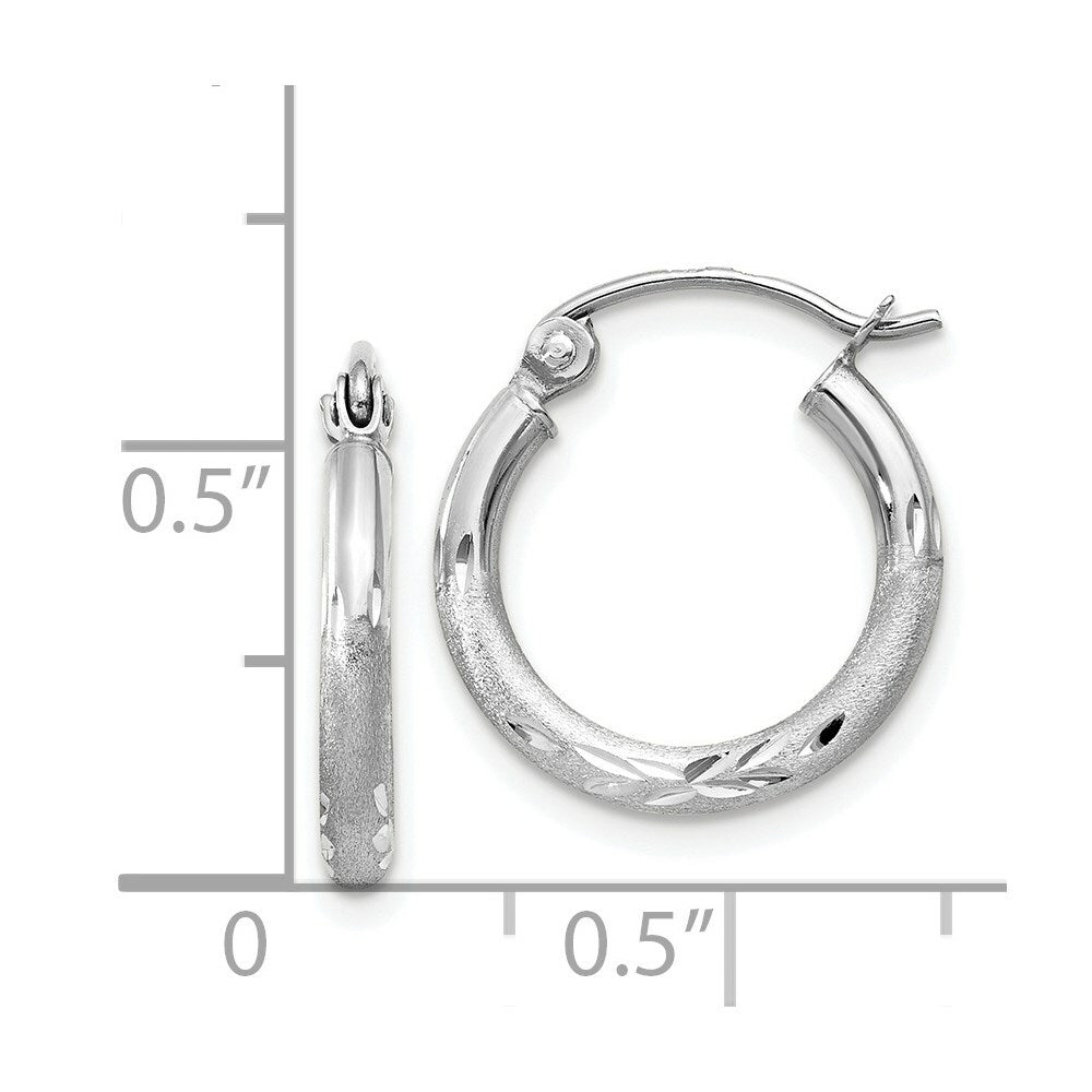 14K White Gold Satin & Diamond-cut 2mm Round Hoop Earrings 15mm length