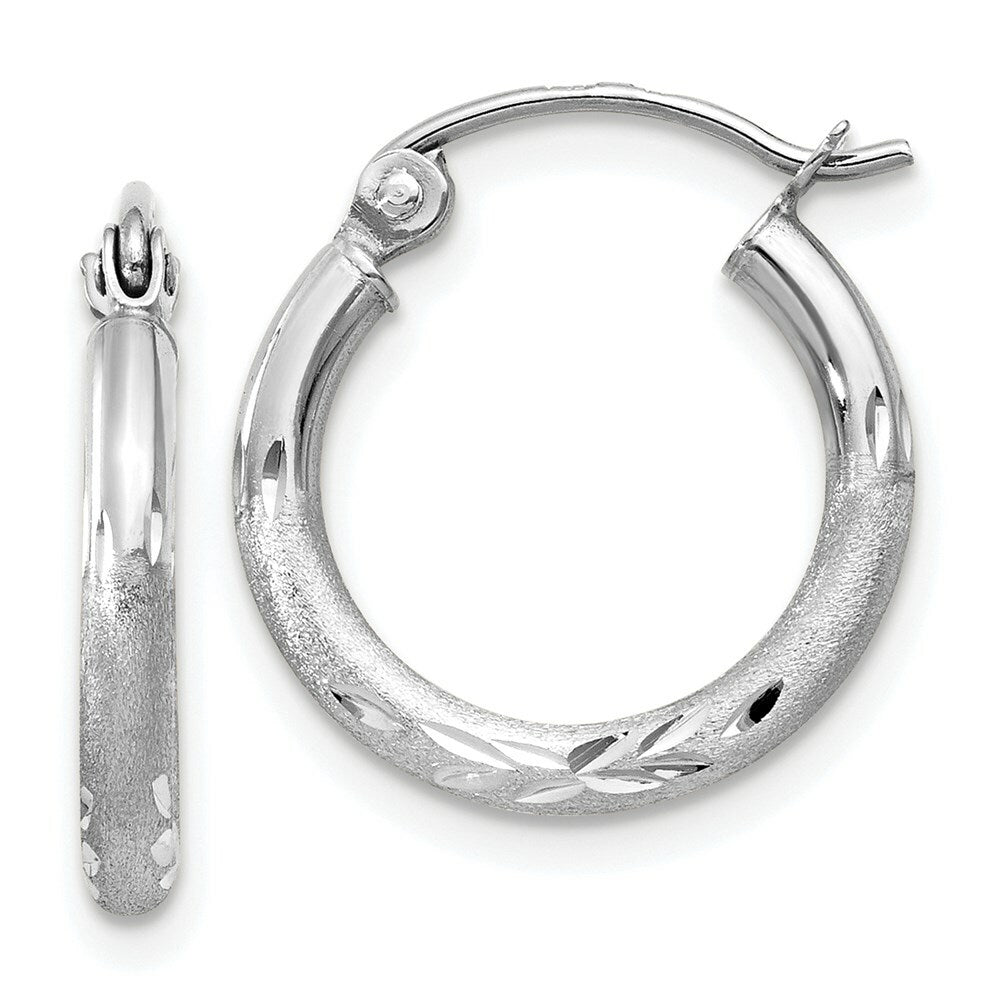 14K White Gold Satin & Diamond-cut 2mm Round Hoop Earrings 15mm length
