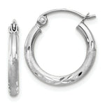 Load image into Gallery viewer, 14K White Gold Satin &amp; Diamond-cut 2mm Round Hoop Earrings 15mm length
