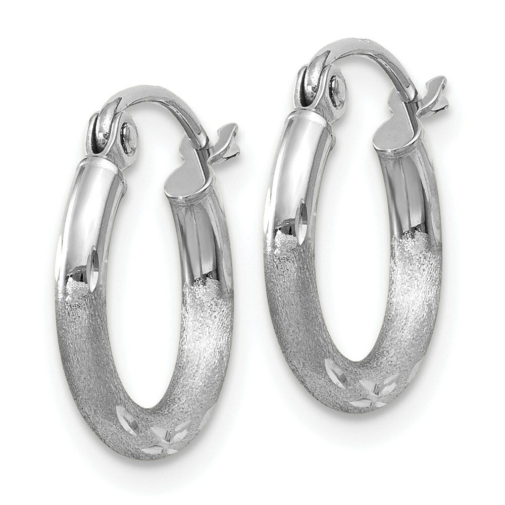 14K White Gold Satin & Diamond-cut 2mm Round Hoop Earrings 13mm length