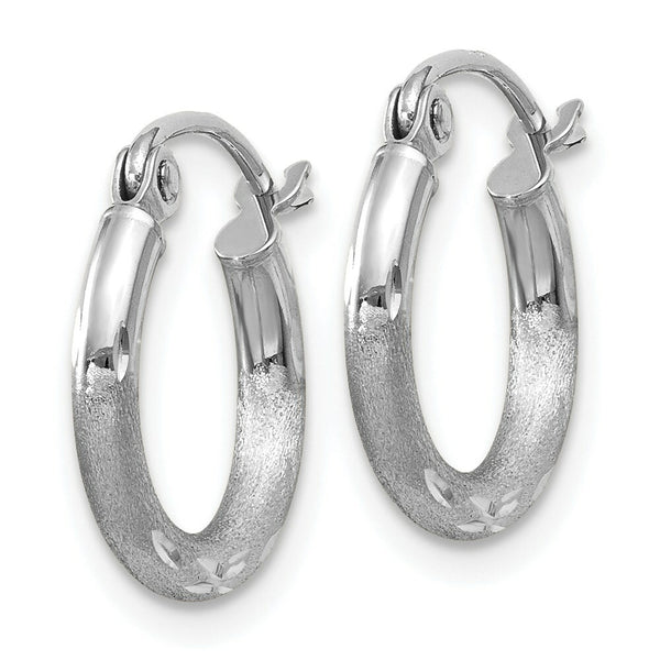 14K White Gold Satin & Diamond-cut 2mm Round Hoop Earrings 13mm length