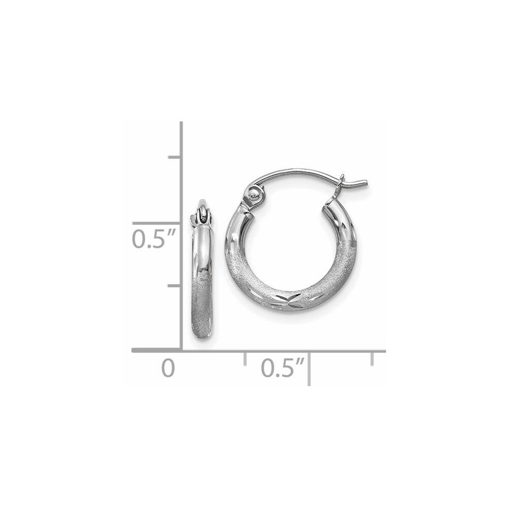 14K White Gold Satin & Diamond-cut 2mm Round Hoop Earrings 13mm length