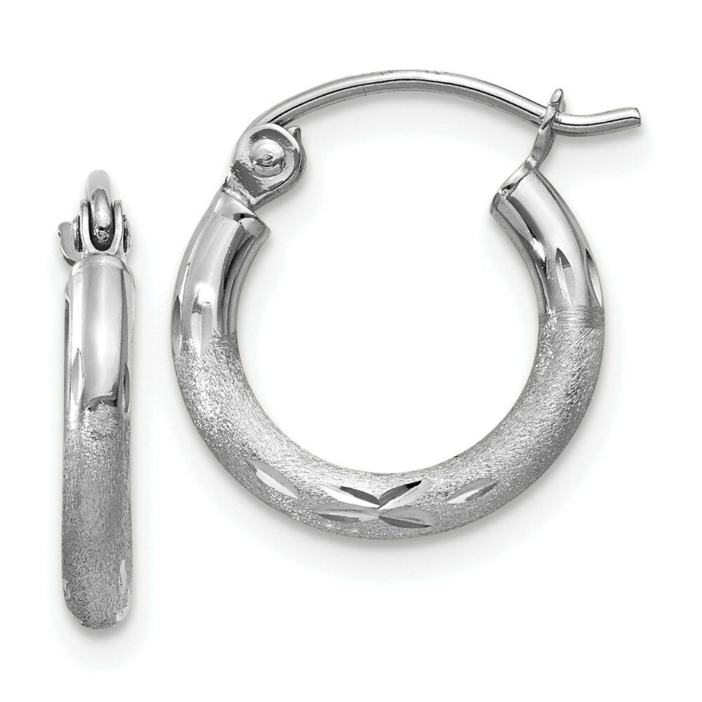 14K White Gold Satin & Diamond-cut 2mm Round Hoop Earrings 13mm length