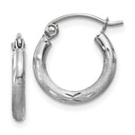 Load image into Gallery viewer, 14K White Gold Satin &amp; Diamond-cut 2mm Round Hoop Earrings 13mm length
