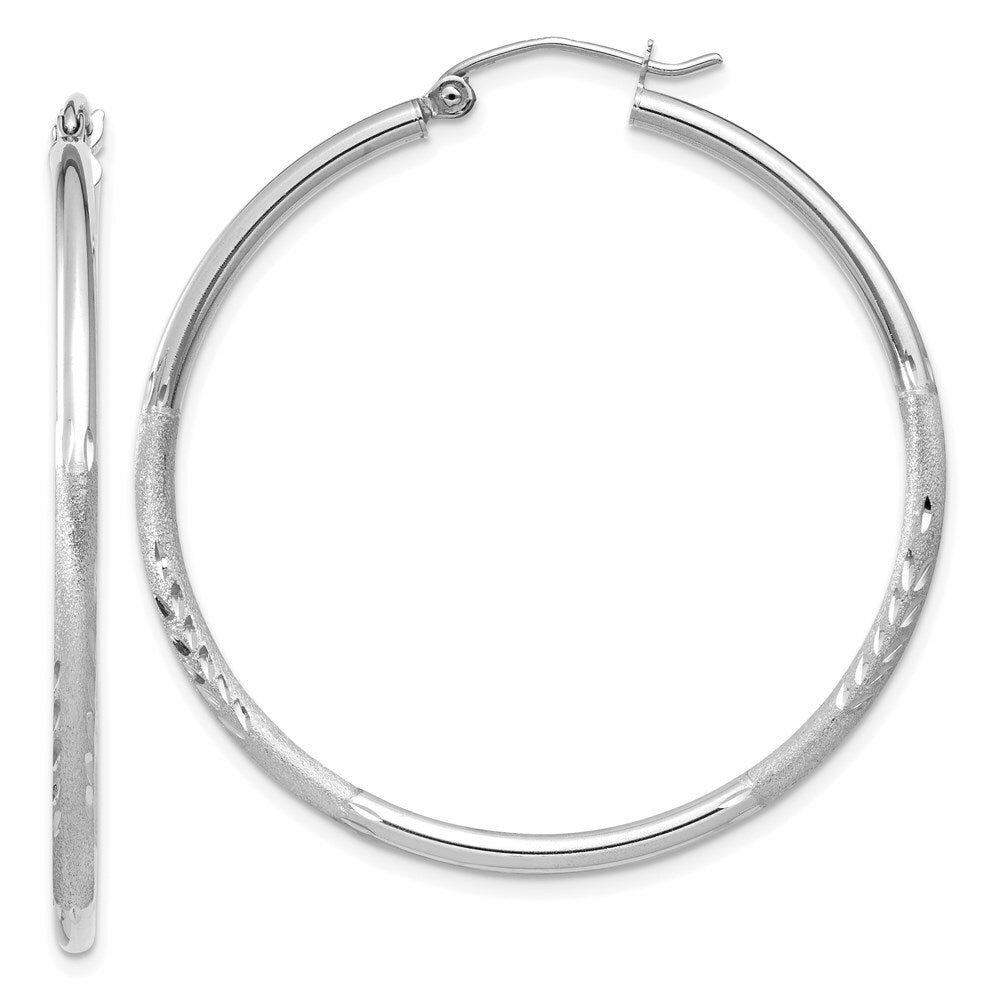 14K White Gold Satin & Diamond-cut 2mm Round Hoop Earrings 40mm length