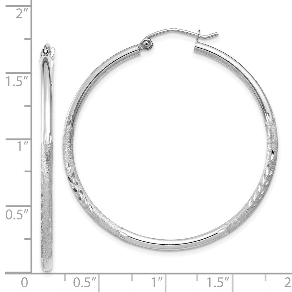 14K White Gold Satin & Diamond-cut 2mm Round Hoop Earrings 40mm length