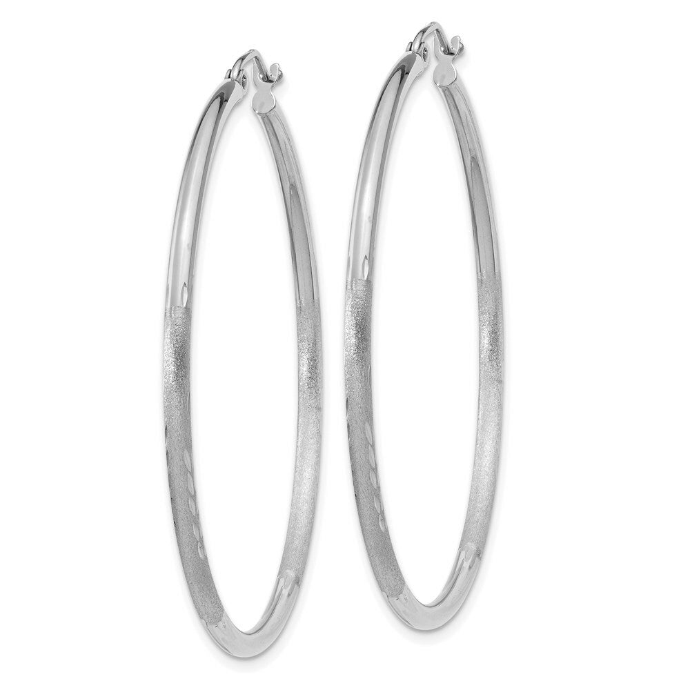 14K White Gold Satin & Diamond-cut 2mm Round Hoop Earrings 45mm length