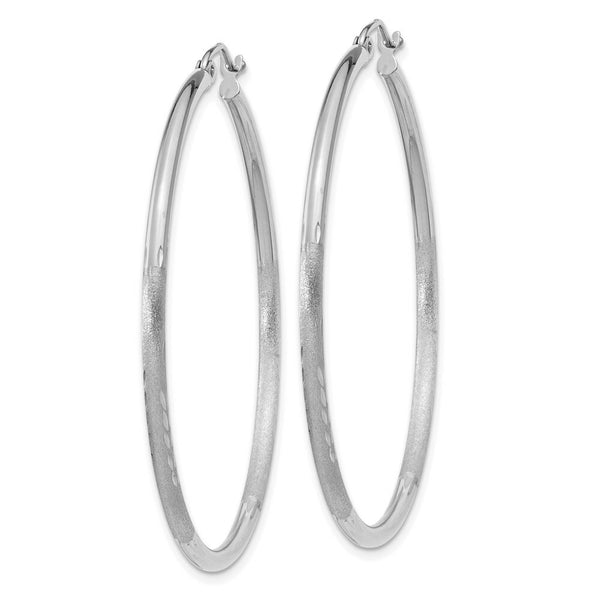 14K White Gold Satin & Diamond-cut 2mm Round Hoop Earrings 45mm length