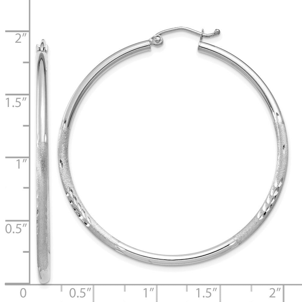 14K White Gold Satin & Diamond-cut 2mm Round Hoop Earrings 45mm length