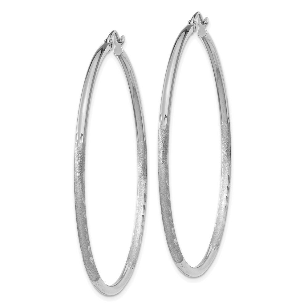 14K White Gold Satin & Diamond-cut 2mm Round Hoop Earrings 50mm length
