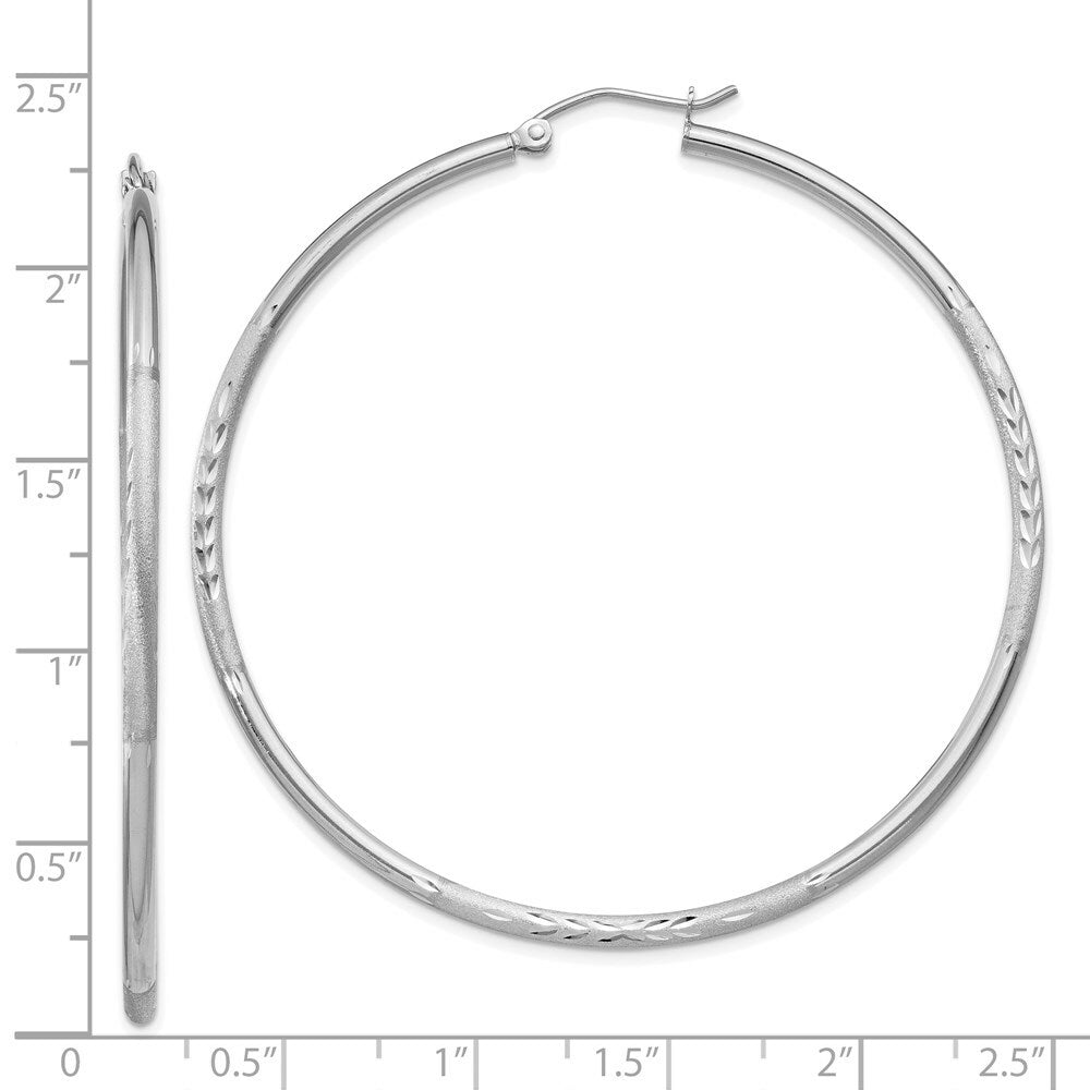 14K White Gold Satin & Diamond-cut 2mm Round Hoop Earrings 55mm length