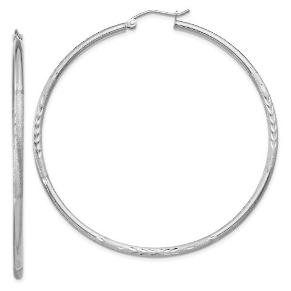 14K White Gold Satin & Diamond-cut 2mm Round Hoop Earrings 55mm length