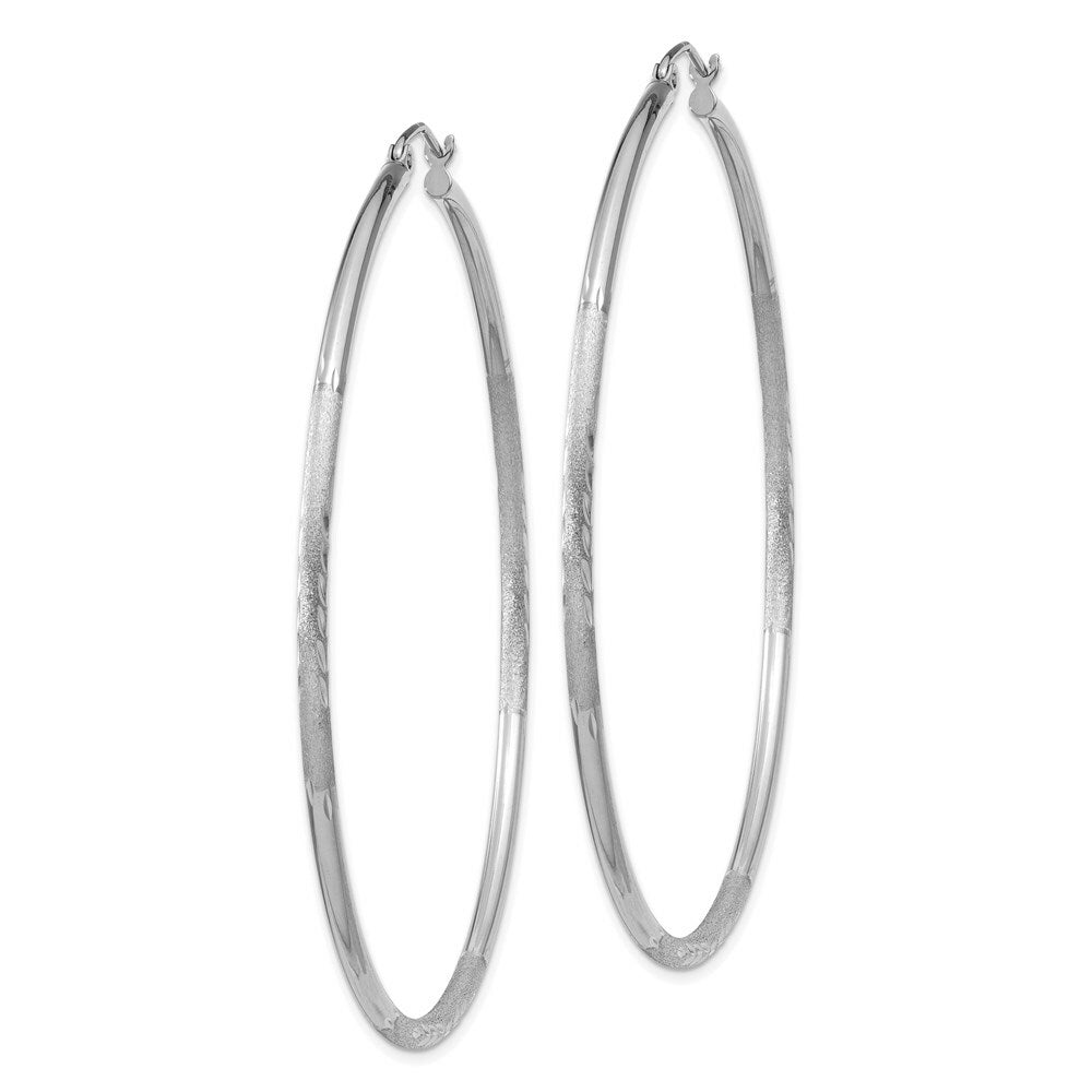 14K White Gold Satin & Diamond-cut 2mm Round Hoop Earrings 60mm length