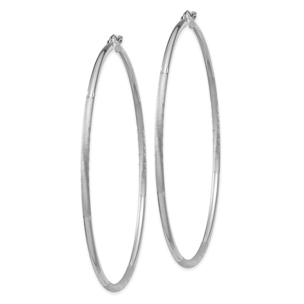 14K White Gold Satin & Diamond-cut 2mm Round Hoop Earrings 65mm length