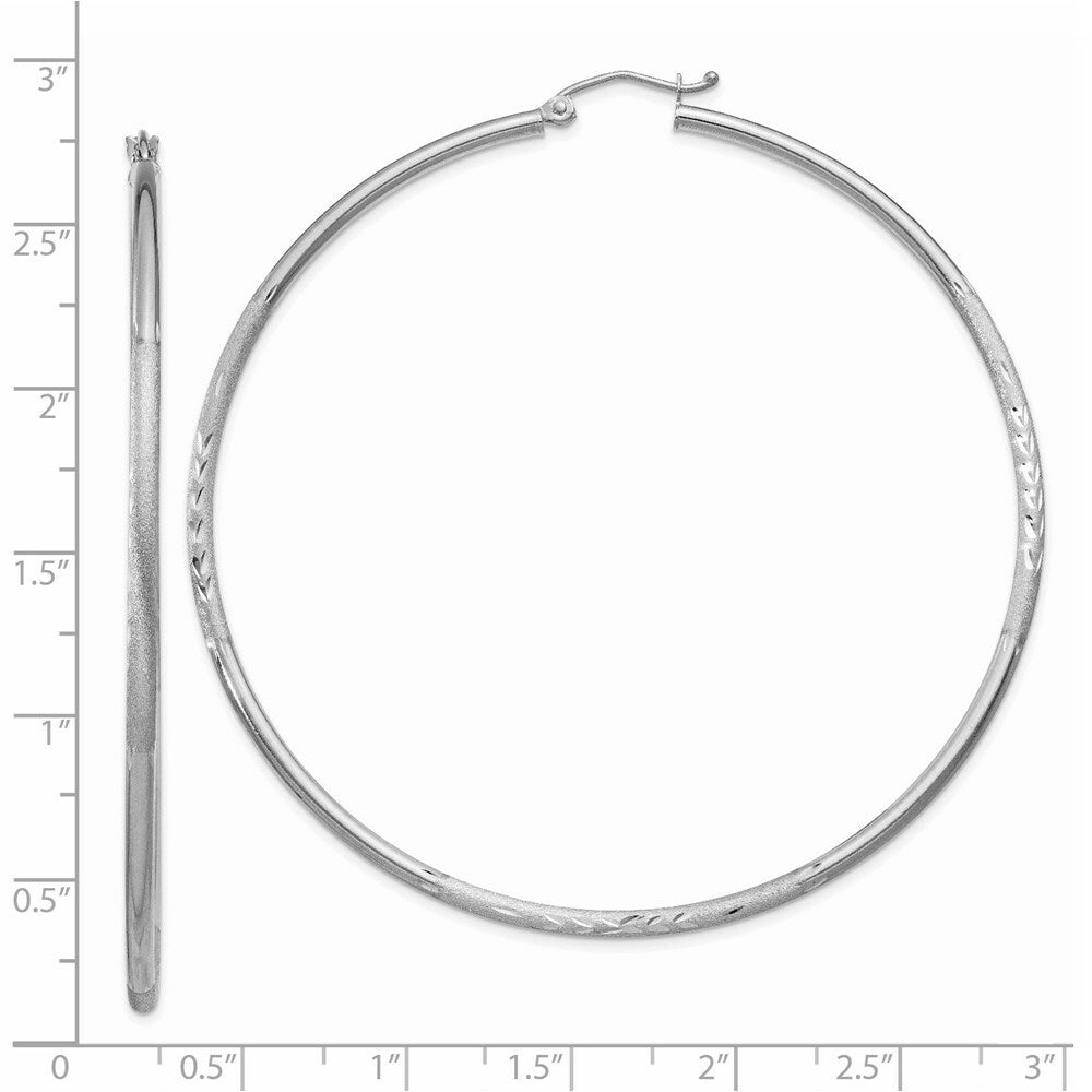 14K White Gold Satin & Diamond-cut 2mm Round Hoop Earrings 65mm length