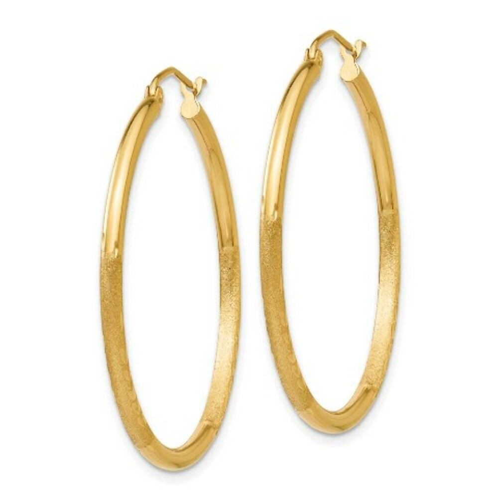 14K Yellow Gold Satin & Diamond-cut 2mm Round Tube Hoop Earrings 35mm length